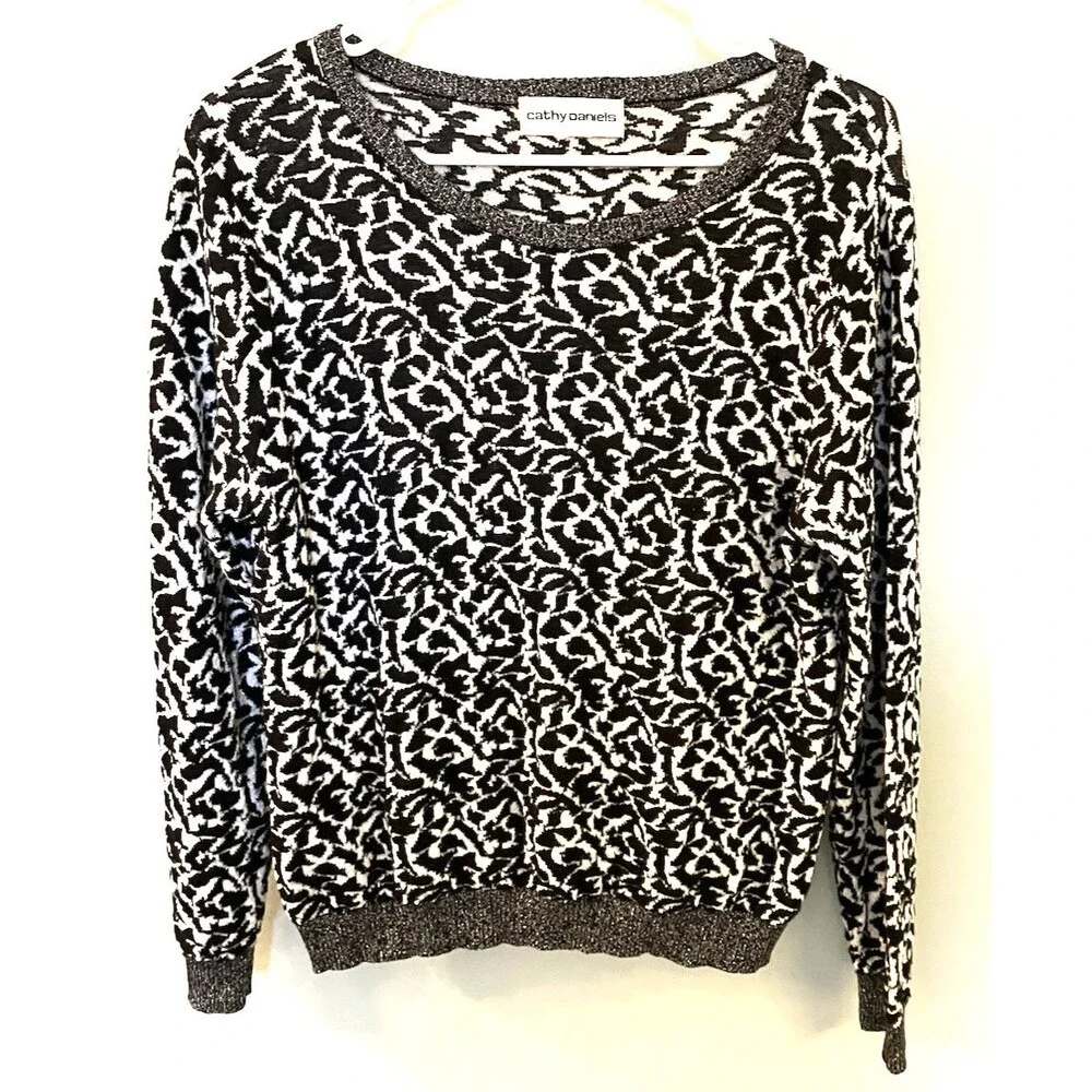 Cathy Daniels Textured Metallic Sweater Black/Silver/White Size Large